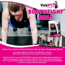 Vicki doing push-ups next to a Bodyweight Bible header